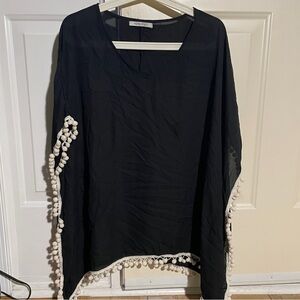 Adreamly- kaftan swimsuit cover up w/pompoms - women’s one size‎ - black white